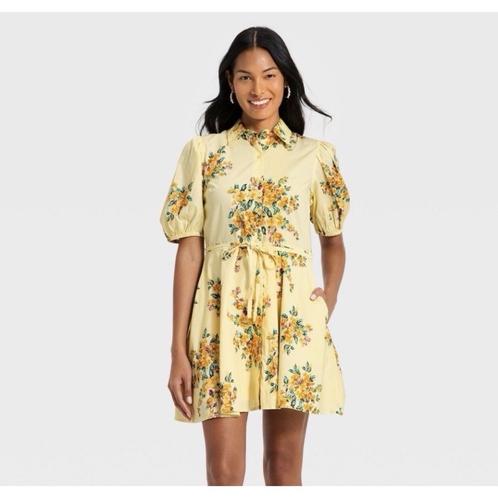 Women Puff Sleeve Mini Shirtdress - A New Day - Yellow Floral - Picture 1 of 6